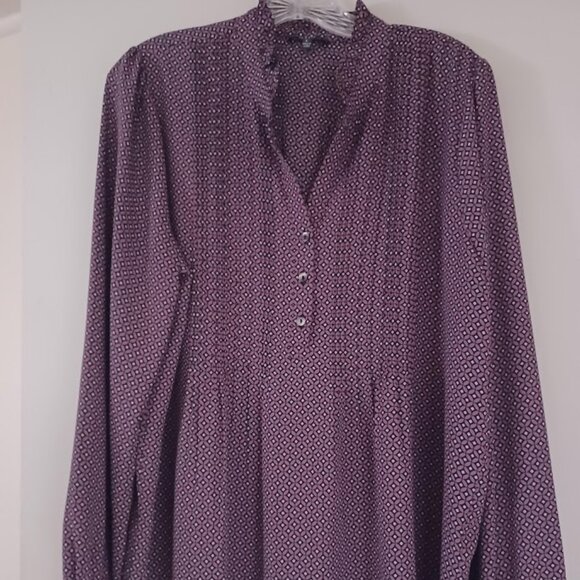 NYDJ Women’s Large Purple Geometric Tile Print Blouse Pintuck Ruffle Neck - Picture 1 of 10